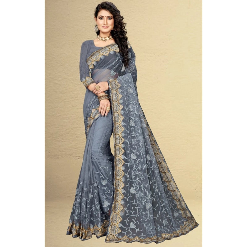Mayawye Women's Net Saree With Blouse (Grey, 5-6Mtrs)
