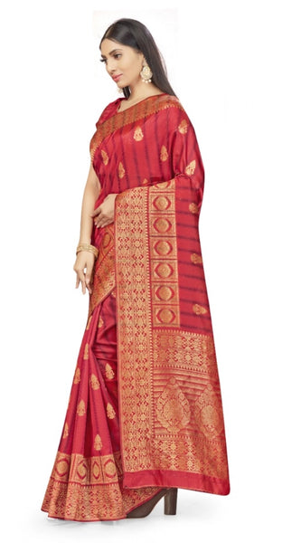 Mayawye Women's Banarasi Silk Saree With Blouse (Peach, 5-6Mtrs)