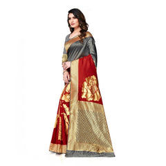 Mayawye Women's Banarasi Silk Saree With Blouse (Grey, Red, 5-6Mtrs)