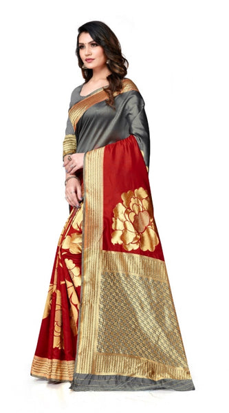 Mayawye Women's Banarasi Silk Saree With Blouse (Grey, Red, 5-6Mtrs)