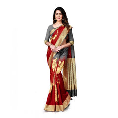 Mayawye Women's Banarasi Silk Saree With Blouse (Grey, Red, 5-6Mtrs)