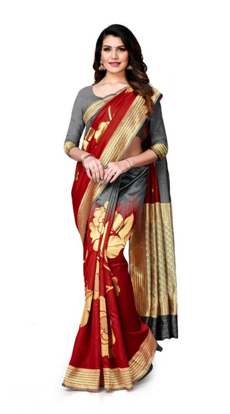 Mayawye Women's Banarasi Silk Saree With Blouse (Grey, Red, 5-6Mtrs)