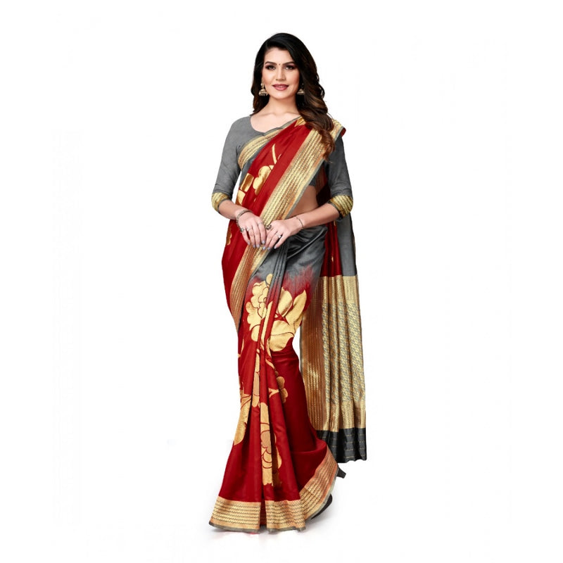 Mayawye Women's Banarasi Silk Saree With Blouse (Grey, Red, 5-6Mtrs)