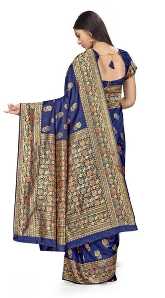 Mayawye Women's Banarasi Silk Saree With Blouse (Navy Blue, 5-6Mtrs)