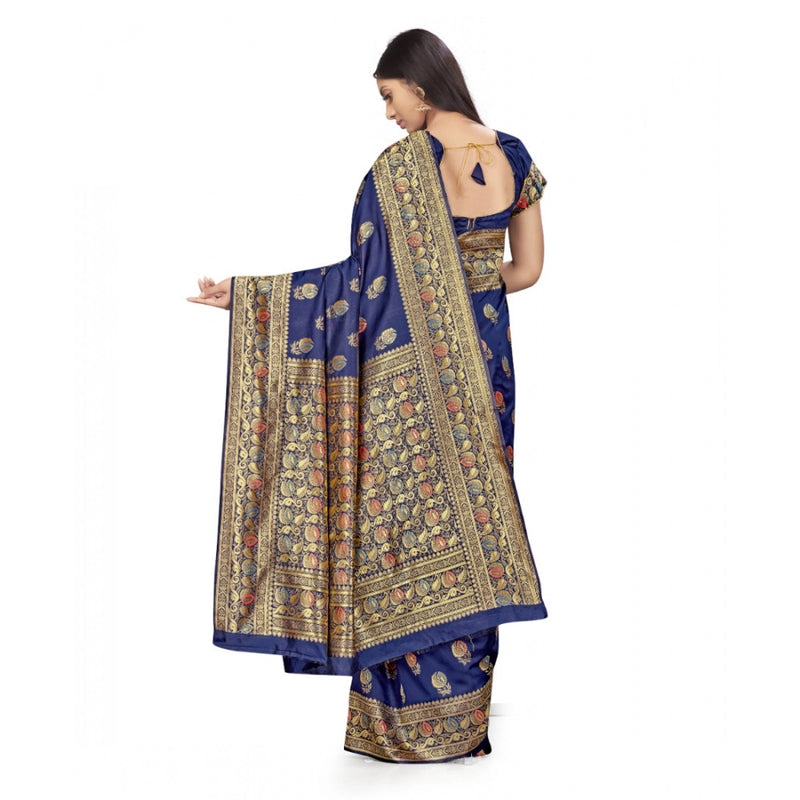 Mayawye Women's Banarasi Silk Saree With Blouse (Navy Blue, 5-6Mtrs)