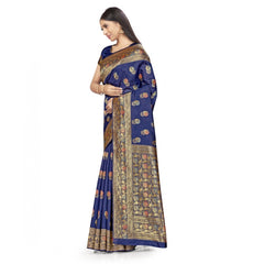 Mayawye Women's Banarasi Silk Saree With Blouse (Navy Blue, 5-6Mtrs)