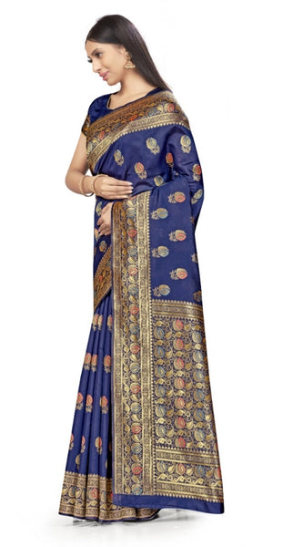 Mayawye Women's Banarasi Silk Saree With Blouse (Navy Blue, 5-6Mtrs)