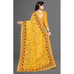 Mayawye Women's Net Saree With Blouse (Yellow, 5-6Mtrs)