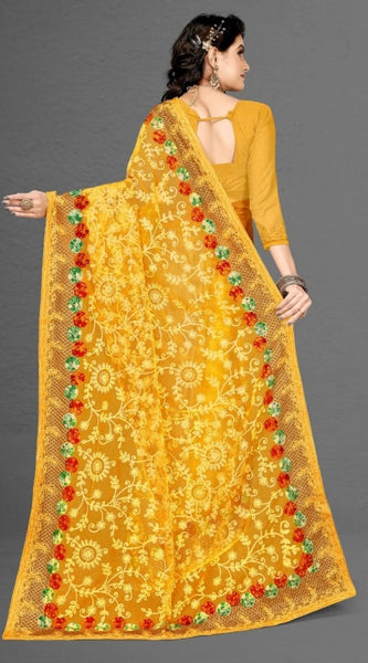 Mayawye Women's Net Saree With Blouse (Yellow, 5-6Mtrs)