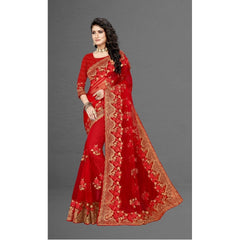 Mayawye Women's Net Saree With Blouse (Red, 5-6Mtrs)