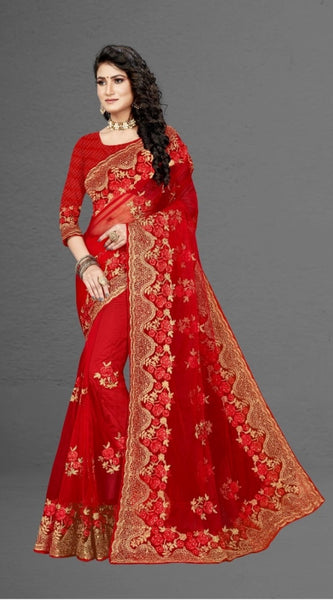 Mayawye Women's Net Saree With Blouse (Red, 5-6Mtrs)