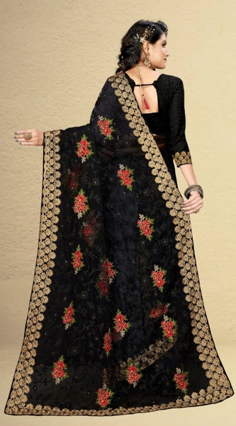 Mayawye Women's Net Saree With Blouse (Black, 5-6Mtrs)