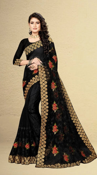 Mayawye Women's Net Saree With Blouse (Black, 5-6Mtrs)