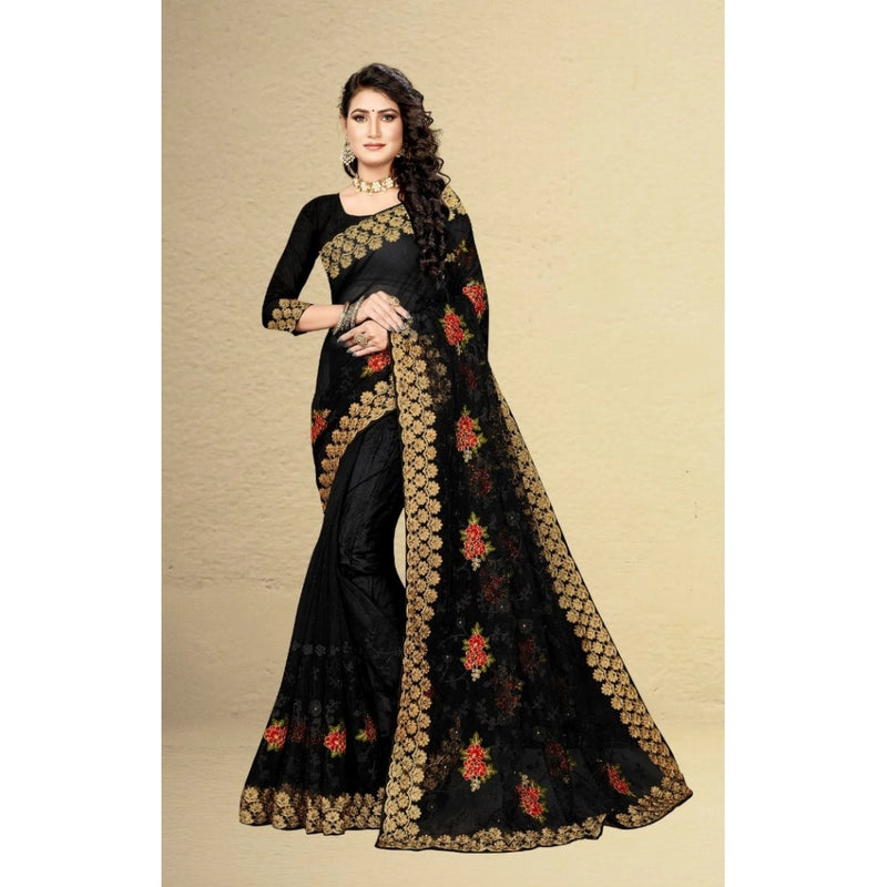 Mayawye Women's Net Saree With Blouse (Black, 5-6Mtrs)