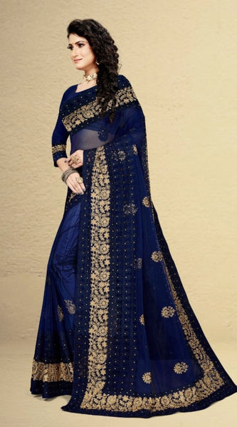 Mayawye Women's Net Saree With Blouse (Navy Blue, 5-6Mtrs)