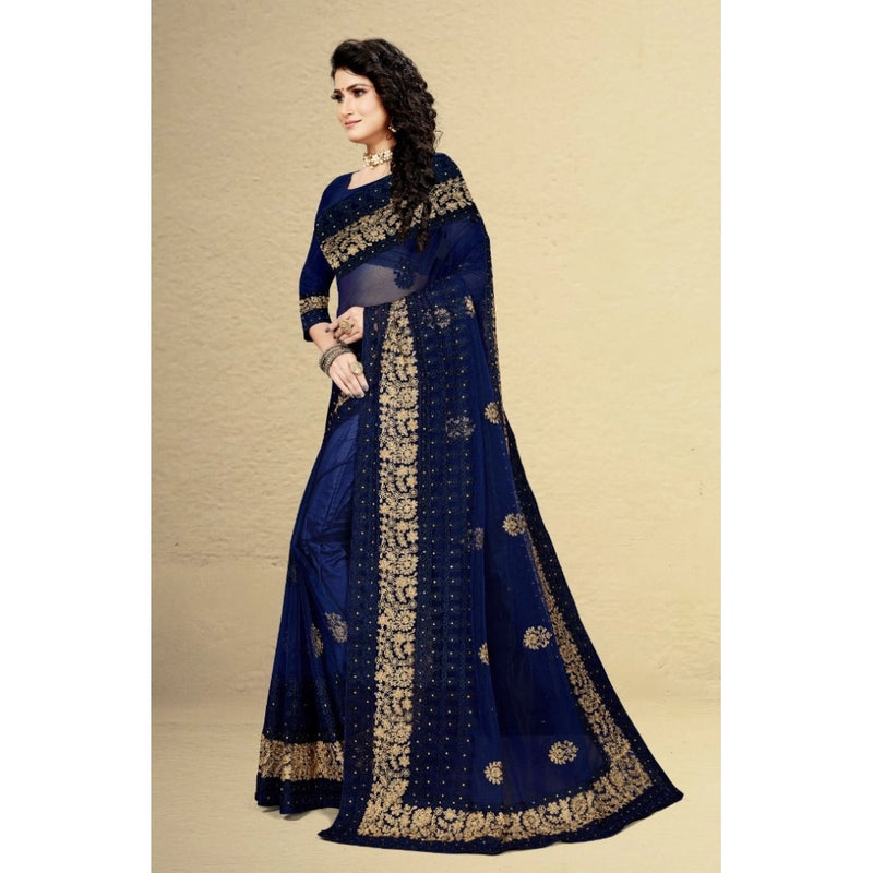 Mayawye Women's Net Saree With Blouse (Navy Blue, 5-6Mtrs)