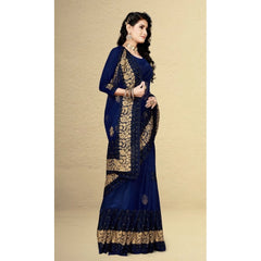 Mayawye Women's Net Saree With Blouse (Navy Blue, 5-6Mtrs)