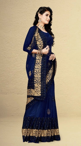Mayawye Women's Net Saree With Blouse (Navy Blue, 5-6Mtrs)
