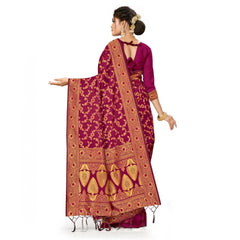 Mayawye Women's Banarasi Silk Saree With Blouse (Wine, 5-6Mtrs)