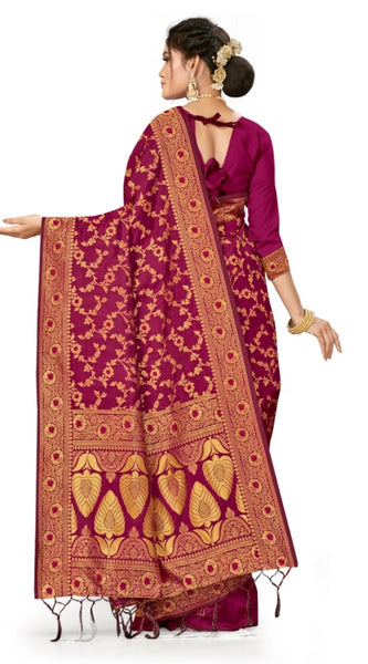 Mayawye Women's Banarasi Silk Saree With Blouse (Wine, 5-6Mtrs)