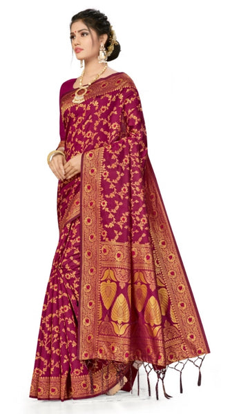 Mayawye Women's Banarasi Silk Saree With Blouse (Wine, 5-6Mtrs)