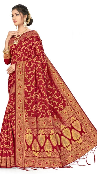 Mayawye Women's Banarasi Silk Saree With Blouse (Maroon, 5-6Mtrs)
