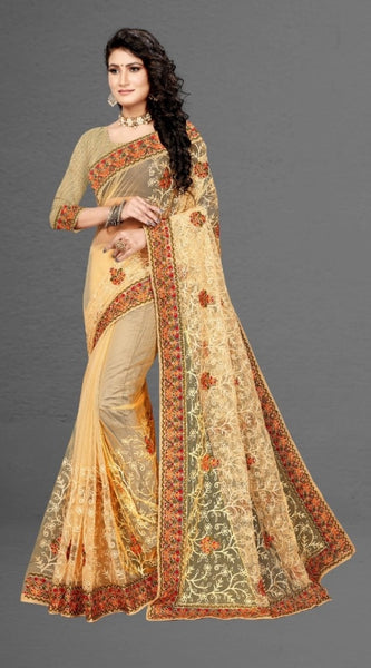 Mayawye Women's Net Saree With Blouse (Chiku, 5-6Mtrs)