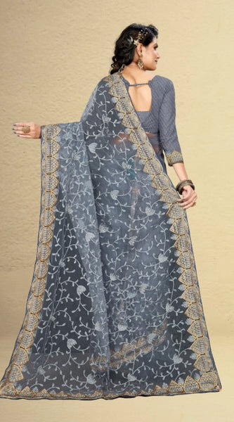 Mayawye Women's Net Saree With Blouse (Grey, 5-6Mtrs)