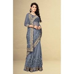 Mayawye Women's Net Saree With Blouse (Grey, 5-6Mtrs)