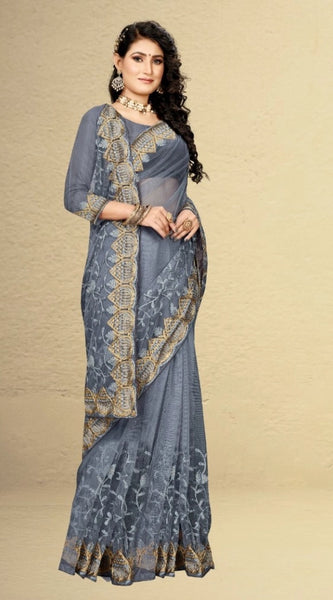 Mayawye Women's Net Saree With Blouse (Grey, 5-6Mtrs)