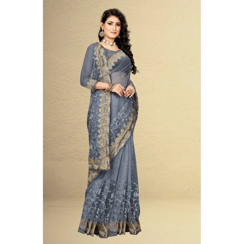 Mayawye Women's Net Saree With Blouse (Grey, 5-6Mtrs)