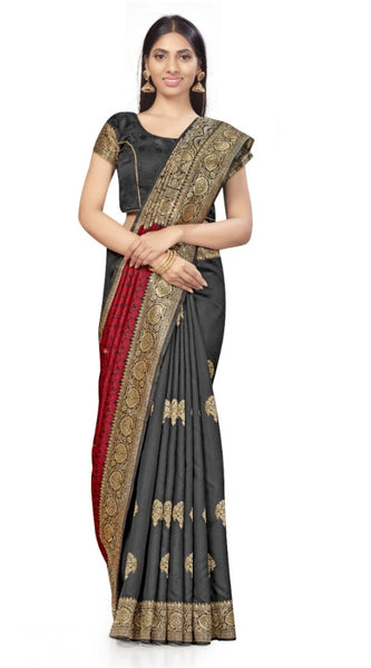 Mayawye Women's Banarasi Silk Saree With Blouse (Black, Red, 5-6Mtrs)