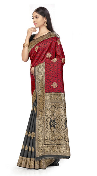 Mayawye Women's Banarasi Silk Saree With Blouse (Black, Red, 5-6Mtrs)