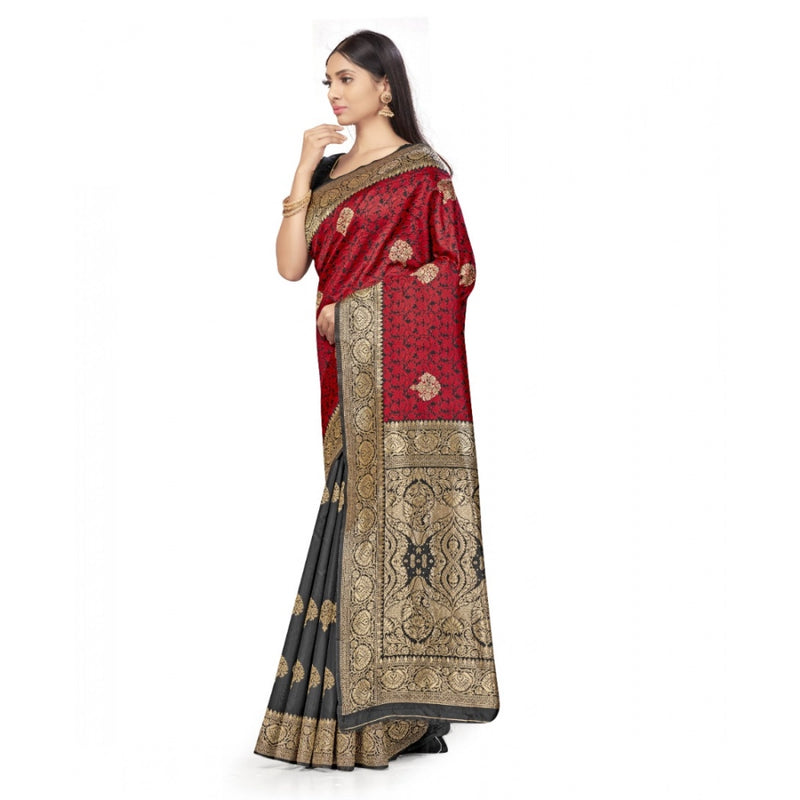Mayawye Women's Banarasi Silk Saree With Blouse (Black, Red, 5-6Mtrs)