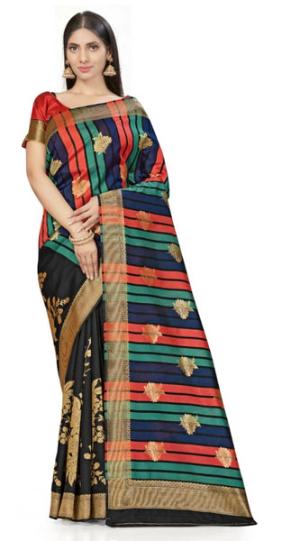 Mayawye Women's Banarasi Silk Saree With Blouse (Black, 5-6Mtrs)