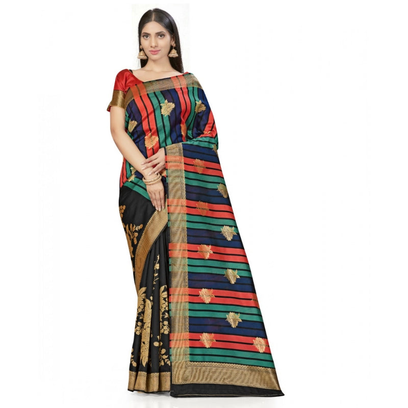 Mayawye Women's Banarasi Silk Saree With Blouse (Black, 5-6Mtrs)