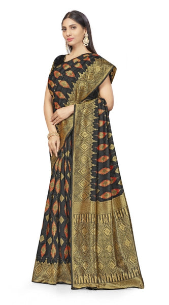 Mayawye Women's Banarasi Silk Saree With Blouse (Black, 5-6Mtrs)