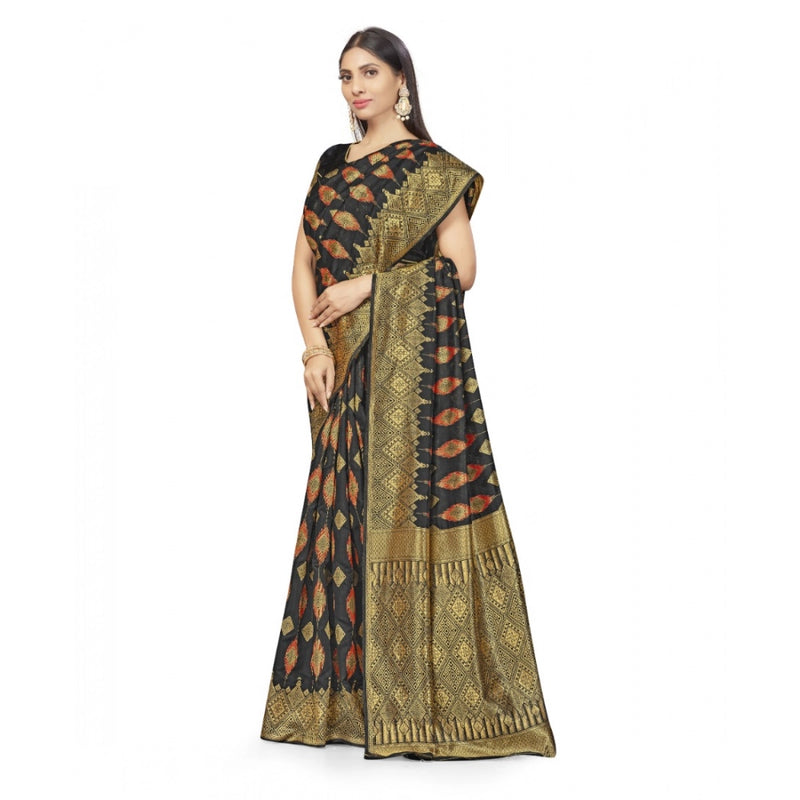 Mayawye Women's Banarasi Silk Saree With Blouse (Black, 5-6Mtrs)
