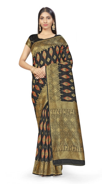 Mayawye Women's Banarasi Silk Saree With Blouse (Black, 5-6Mtrs)