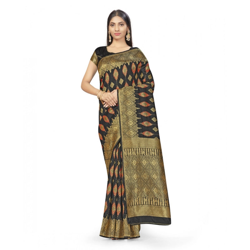 Mayawye Women's Banarasi Silk Saree With Blouse (Black, 5-6Mtrs)