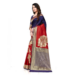 Mayawye Women's Banarasi Silk Saree With Blouse (Navy Blue, Red, 5-6Mtrs)