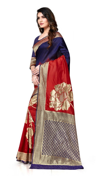 Mayawye Women's Banarasi Silk Saree With Blouse (Navy Blue, Red, 5-6Mtrs)