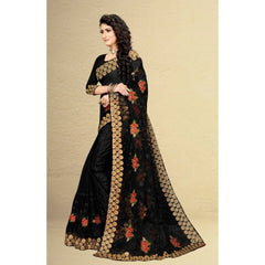 Mayawye Women's Net Saree With Blouse (Black, 5-6Mtrs)