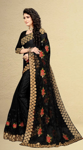 Mayawye Women's Net Saree With Blouse (Black, 5-6Mtrs)