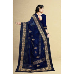 Mayawye Women's Net Saree With Blouse (Navy Blue, 5-6Mtrs)