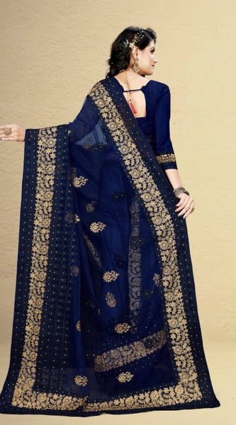 Mayawye Women's Net Saree With Blouse (Navy Blue, 5-6Mtrs)