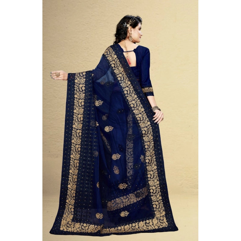 Mayawye Women's Net Saree With Blouse (Navy Blue, 5-6Mtrs)