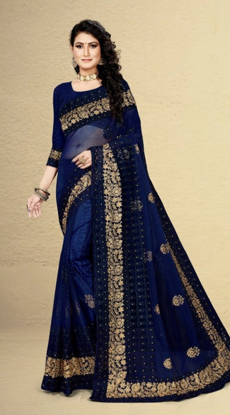 Mayawye Women's Net Saree With Blouse (Navy Blue, 5-6Mtrs)