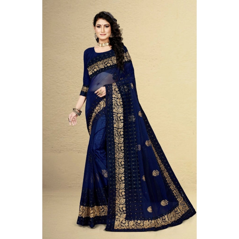 Mayawye Women's Net Saree With Blouse (Navy Blue, 5-6Mtrs)