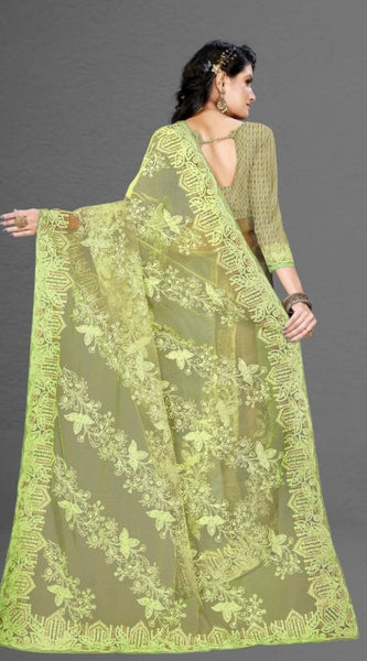 Mayawye Women's Net Saree With Blouse (Pista Green, 5-6Mtrs)